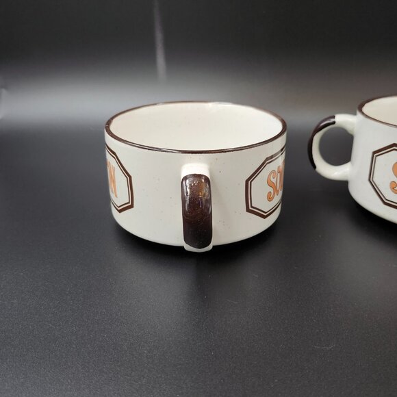 Vintage Pair Speckled Ceramic Soup Bowls Dual Handle - Picture 3 of 5